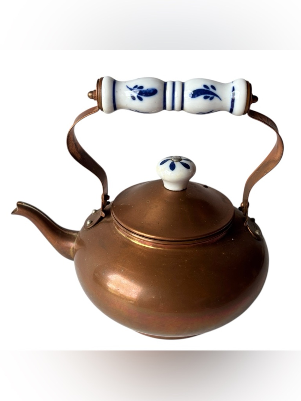 VTG Copper Tea Kettle with Ceramic Blue & White Handle & Knob Tea Pot farmhouse